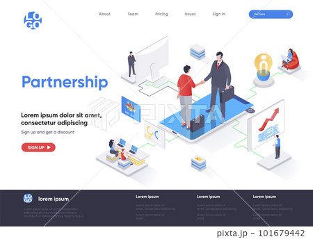 Partnership isometric landing page. Business collaboration, partners agreement, effective teamwork and communication isometry web page. Website flat vector illustration 101679442