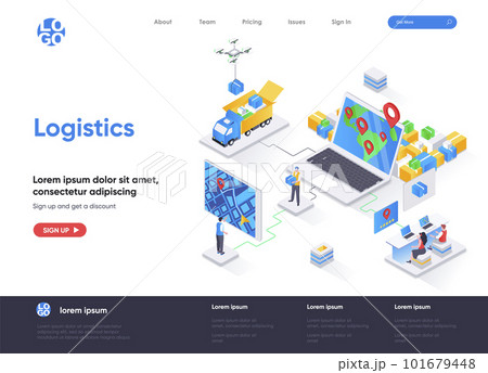 Logistics isometric landing page. Express delivery service, global freight shipping, warehousing and distribution isometry web page. Website flat template, vector illustration 101679448