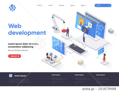 Web development isometric landing page. Full stack development, software engineering, design and programming isometry web page. Website flat template, vector illustration 101679488