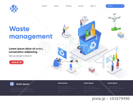 Waste management isometric landing page. Control and management of garbage utilization, waste collection and sorting isometry web page. Website flat vector illustration 101679490