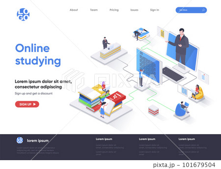 Online studying isometric landing page. Distance learning, online education, professional seminars and courses isometry web page. Website flat template, vector illustration 101679504