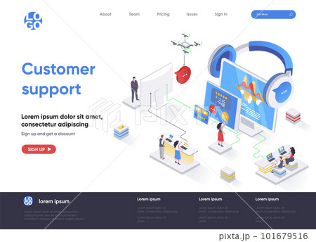 Customer support isometric landing page. Call center service, online assistance, hotline consultation and help chat isometry web page. Website flat template, vector illustration Customer support isometric landing page. Call center service, online assistance, hotline consultation and help chat isometry web page. Website flat template, vector illustration 101679516
