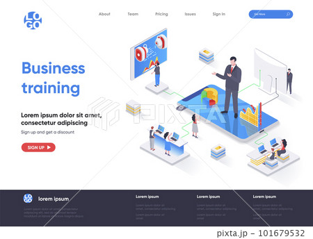 Business training isometric landing page. Business education, career development course, motivation and mentoring isometry web page. Website flat template, vector illustration 101679532