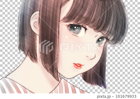Line drawing color illustration of a chubby girl with a round face Hair = black Eyes = black Background = none 101679933