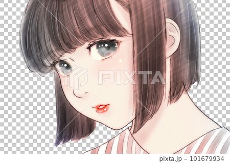 Line drawing color illustration of a chubby girl with a round face, hair = black, eyes = black, background = none, horizontally reversed version 101679934