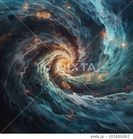 Abstract colourful spiral galaxy in space, interstellar nebula, realistic swirling vortex. AI generated 101680062