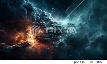 Abstract colourful spiral galaxy in space, interstellar nebula, realistic swirling vortex. AI generated 101680076