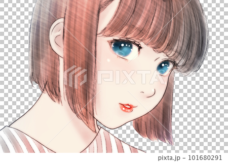 Line drawing color illustration of a chubby girl with a round face, hair = brown, eyes = dark blue, background = none 101680291