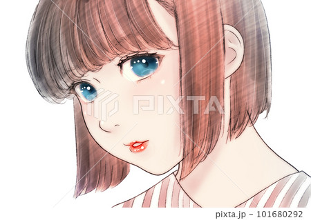 丸顔ぽっちゃりな女の子の線画カラーイラスト　髪=茶　瞳=紺　背景=無し　左右反転版 101680292