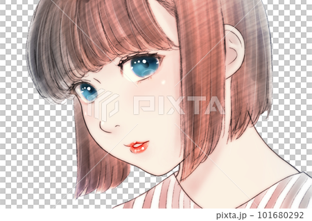 丸顔ぽっちゃりな女の子の線画カラーイラスト　髪=茶　瞳=紺　背景=無し　左右反転版 101680292
