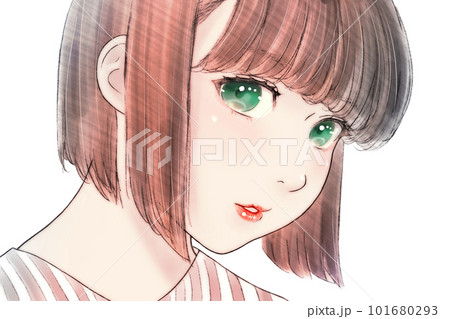丸顔ぽっちゃりな女の子の線画カラーイラスト　髪=茶　瞳=緑　背景=無し 101680293
