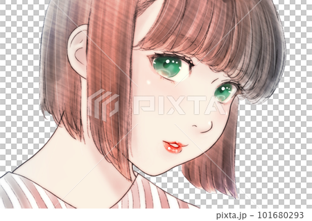 丸顔ぽっちゃりな女の子の線画カラーイラスト　髪=茶　瞳=緑　背景=無し 101680293