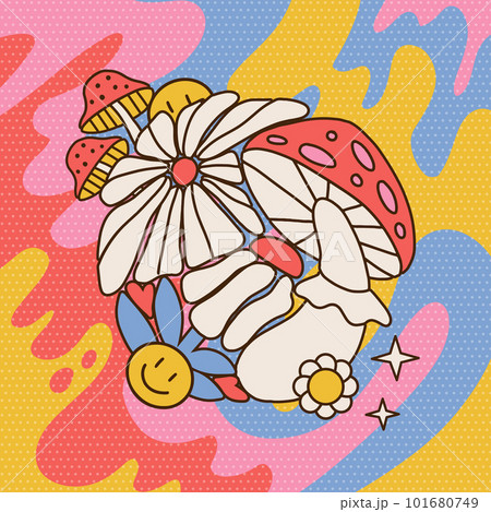 Trippy mushrooms and flowers cover or banner in style 70s, 80s on liquid paint colors abstract fluid background. Retro contour hand drawn Vector illustration 101680749