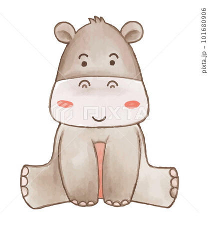 Hippopotamus . Watercolor paint design . Cute animal cartoon character . Sitting position . Vector . 101680906