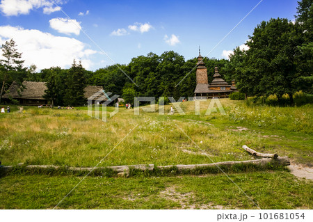 Old wooden church in the village 101681054