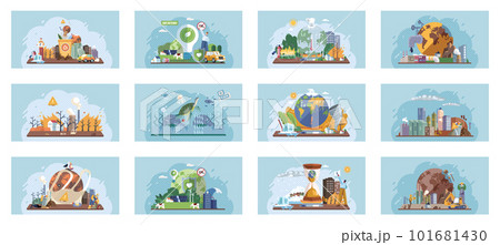 Toxic waste from human set. Industries create pollution and cities affected by pollution. Climate change 101681430