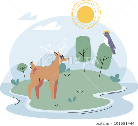 Forest animals in nature background. Roe deer and bird on green meadow. Wildlife summer scene 101681444