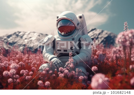 An astronaut in a space suit takes a moment to appreciate the beauty of a field of colorful flowers on an alien planet, with a butterfly by his side. AI Generative. 101682148