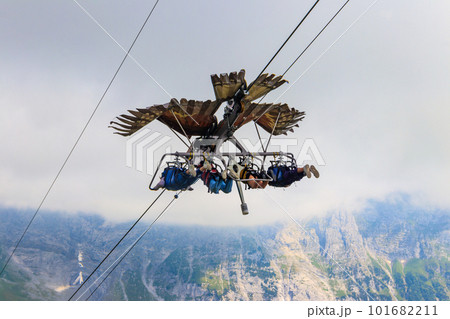 Grindelwald First peak activity - First Glider, Switzerland. Flying with a bird of prey, tourist attraction 101682211