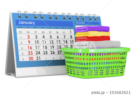 Laundry basket full of clean clothes with desk calendar, 3D rendering 101682621