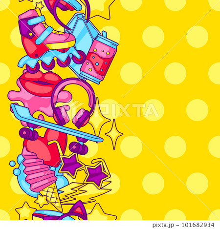Seamless pattern with fashion girlish items. Colorful teenage background. Creative girls symbols in cartoon style. 101682934