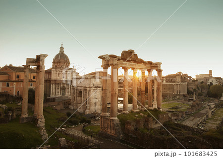 Panorama of Roman Forum at sunrise in Rome city, Italy Panorama of Roman Forum at sunrise in Rome city, Italy 101683425