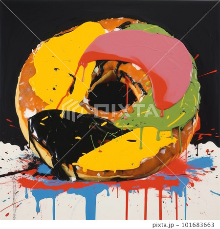 Sweet donut oil painting on abstract background. Delicious take out glazed pastry. Morning snack. AI generated artistic drawing illustration of deliciuos donut. Sweet donut oil painting on abstract background. Delicious take out glazed pastry. Morning snack. AI generated artistic drawing illustration of deliciuos donut. 101683663
