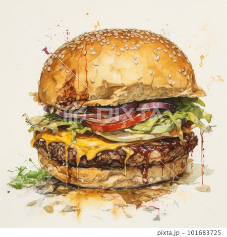 Juicy burger painting on abstract background. Delicious American takeaway street food with meat made on grill. Fast-casual snack. AI generated artistic drawing of cheeseburger. Juicy burger painting on abstract background. Delicious American takeaway street food with meat made on grill. Fast-casual snack. AI generated artistic drawing of cheeseburger. 101683725