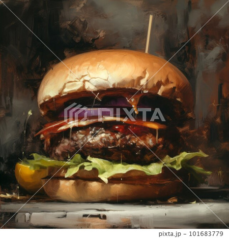 Juicy burger photorealistic illustration on abstract background. Delicious American takeaway street food with meat made on grill. Fast-casual snack. AI generated realistic illustration of cheeseburger 101683779