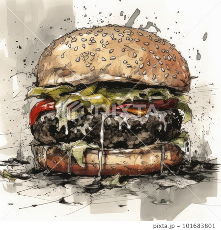 Juicy burger painting on abstract background. Delicious American takeaway street food with meat made on grill. Fast-casual snack. AI generated artistic drawing of cheeseburger. Juicy burger painting on abstract background. Delicious American takeaway street food with meat made on grill. Fast-casual snack. AI generated artistic drawing of cheeseburger. 101683801