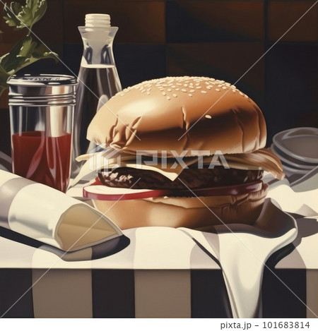 Juicy burger photorealistic illustration on abstract background. Delicious American takeaway street food with meat made on grill. Fast-casual snack. AI generated realistic illustration of cheeseburger 101683814