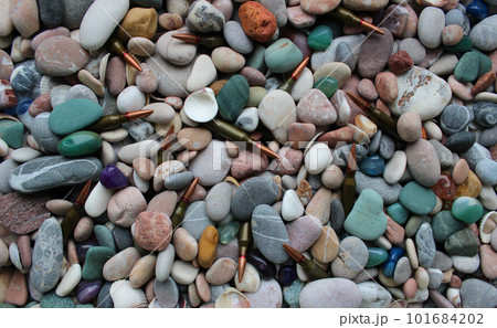 Pattern of bullets scattered between sea pebbles and shells top view 101684202