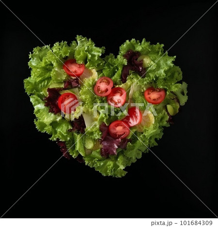 Heart made of fresh green salad isolated on black background. Natural garden vegetables in the shape of heart artistic illustration. Decorative botanical ai generated poster with lettuce and tomatos. 101684309