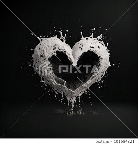 milk splashes heart isolated on black background. Love and passion symbolic artistic illustration. Decorative liquid milk drops valentine heart ai generated poster. 101684321