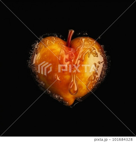 Heart made of orange jelly on black background. Natural chewy sweet dessert, jelly candy in the shape of heart artistic illustration. Decorative ai generated poster. 101684328