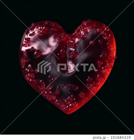 Heart made of red jelly on black background. Natural chewy sweet dessert, jelly candy in the shape of heart artistic illustration. Decorative ai generated poster. 101684329
