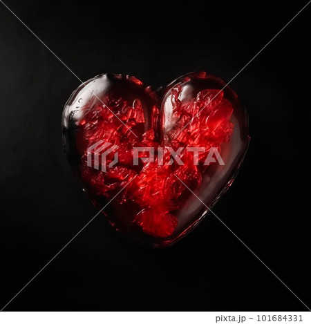 Heart made of red jelly on black background. Natural chewy sweet dessert, jelly candy in the shape of heart artistic illustration. Decorative ai generated poster. 101684331