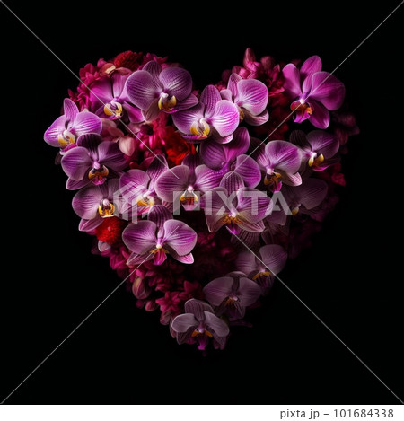 Heart made of magenta orchid buds on black background. Natural violet flower buds and petals in the shape of heart artistic illustration. Decorative botanical ai generated poster. 101684338