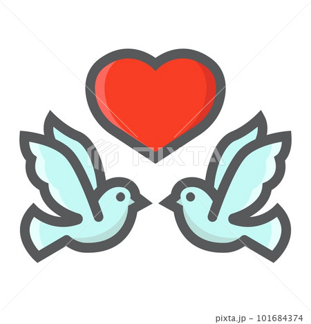 Wedding doves with heart filled outline icon, valentines day and romantic, wedding sign vector graphics, a colorful line pattern on a white background, eps 10. 101684374