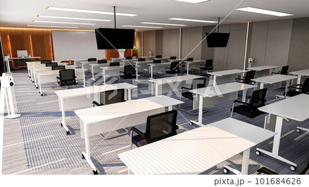 Interior of large modern office training room with large curved monitor screen for presentation and  ceiling TV monitors, 3D rendering 101684626