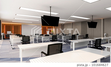 Interior of large modern office training room with large curved monitor screen for presentation and  ceiling TV monitors, 3D rendering 101684627