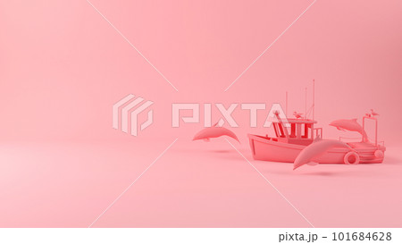 Sailing by fishing boat and dolphins lead the way, 3d rendering 101684628