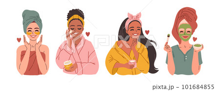 Women moisturizing skin set. Set of women applying cleansing and moisturizing face skincare products at home. Women moisturizing skin set. Set of women applying cleansing and moisturizing face skincare products at home. 101684855