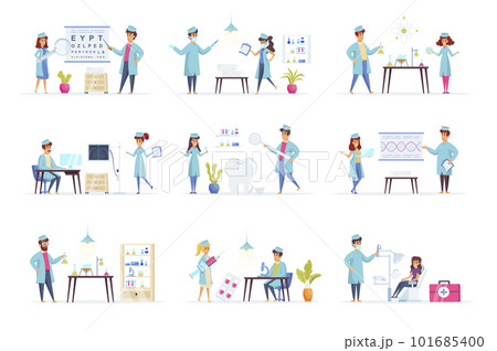 Medicine scenes bundle with people characters. Laboratory diagnostics, genetic research, ophthalmology, radiology and stomatology situations. Diagnosis and treatment in clinic flat vector illustration Medicine scenes bundle with people characters. Laboratory diagnostics, genetic research, ophthalmology, radiology and stomatology situations. Diagnosis and treatment in clinic flat vector illustration 101685400