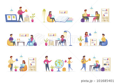 Education scenes bundle with people characters. Distance learning and self education, students study at home, read book in library situations. Online education platform flat vector illustration. 101685401