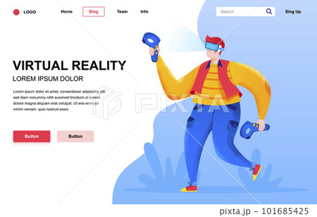 Virtual reality flat landing page composition. Young man standing with VR goggles and keep joysticks. Colorful people character with noise texture vector illustration. Modern digital entertainment. Virtual reality flat landing page composition. Young man standing with VR goggles and keep joysticks. Colorful people character with noise texture vector illustration. Modern digital entertainment. 101685425
