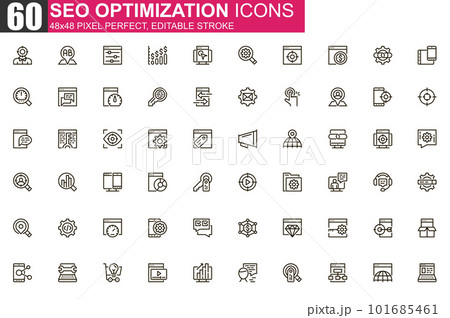 SEO optimization thin line icon set. Web analytics outline pictograms for website and mobile app GUI. Search engine optimization simple UI, UX vector icons. Pixel perfect linear pictogram pack. 101685461