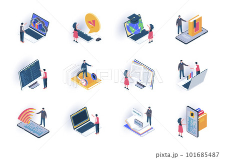 Online education isometric icons set. Distance learning with digital devices, online courses and webinars flat vector illustration. Internet library 3d isometry pictograms with people characters. 101685487