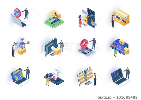 Delivery service isometric icons set. Global logistics, warehousing and distribution flat vector illustration. Courier delivery, online route tracking 3d isometry pictograms with people characters. 101685488