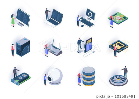 Computer elements isometric icons set. Digital electronics components and computer parts flat vector illustration. Hardware equipment for system unit 3d isometry pictograms with people characters. 101685491